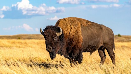 Majestic bison grazing in vast grassland under blue sky