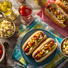 Overhead View of Picnic Feast with Hot Dogs Potato Salad and Drinks
