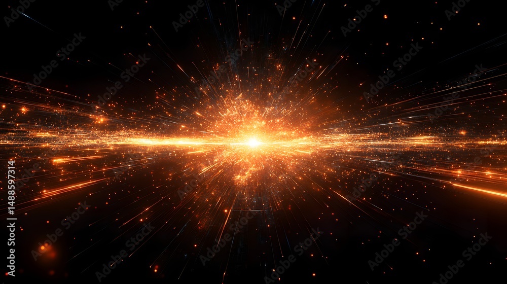 Poster a dynamic abstract featuring a radiant light source emitting orange and gold streaks against a deep 