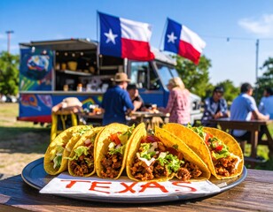 Vibrant outdoor taco feast with texas flags and food truck in background
