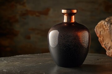 Dark, metallic vase on a dark stone surface.