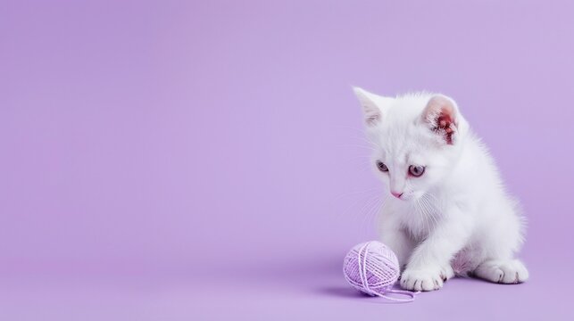 White kitten plays with purple yarn ball against a soft lavender backdrop