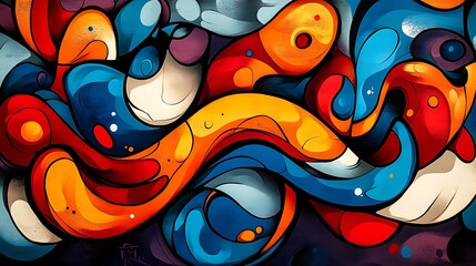 Colorful Abstract Painting with Fluid Shapes in Red, Orange, Yellow, and Blue