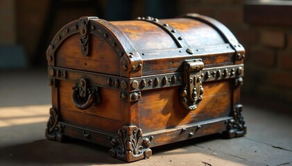 Ornate, aged wooden casket, tarnished hardware, past, hardware, heritage