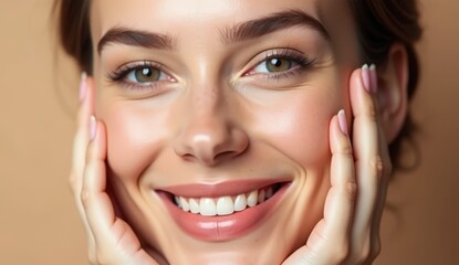 Young woman with glowing healthy skin holds hands on face in contemplative pose, showcasing natural beauty and radiant complexion with soft lighting and neutral background