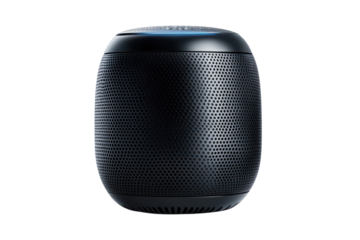 A sleek black smart speaker pulsating with a subtle blue light embodies modern elegance and on transparent background