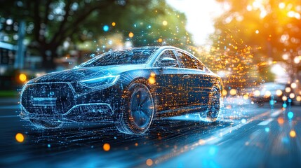 Digital rendering of a sleek futuristic car driving on a road with abstract light effects around it