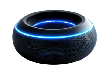 A sleek smart home device emitting a calming blue glow ready to answer your command offering a on transparent background