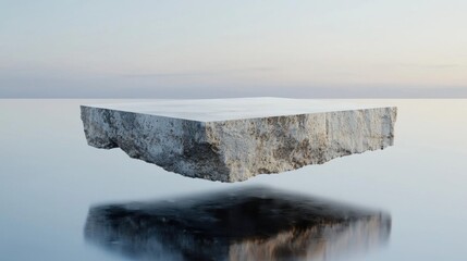 Large, rectangular piece of concrete floating in the middle of a body of water. the concrete appears to be weathered and has a rough texture.