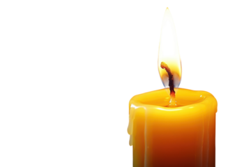 A solitary candle flame burning brightly against a dark backdrop casting a warm glow on transparent background