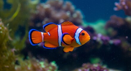Obraz premium Vibrant Orange Clownfish in Reef Habitat - A stunning close-up of a bright orange clownfish swimming amidst vibrant coral reef. Perfect for marine life, ocean, and aquarium themes