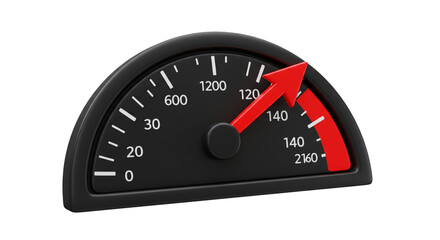 A speedometer with a red arrow pointing to a high speed on a black and white gauge display isolated