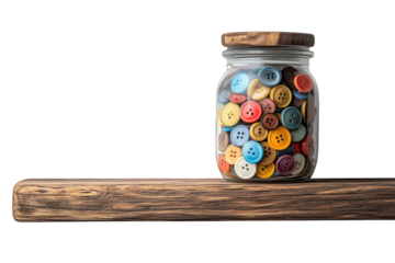 A vibrant collection of colorful buttons nestled in a vintage glass jar resting serenely on a on transparent background