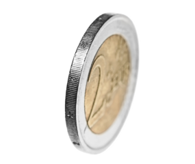 Two euro coin flying isolated on white, macro