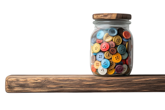 A vibrant collection of colorful buttons nestled in a vintage glass jar resting serenely on a on transparent background