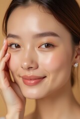 Young asian woman with glowing healthy skin holds hands on face in contemplative pose, showcasing natural beauty and radiant complexion with soft lighting and neutral background