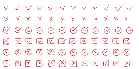 Check marks hand drawn doodle set. tick, cross signs for checkbox, checklist, v and x in sketch se
