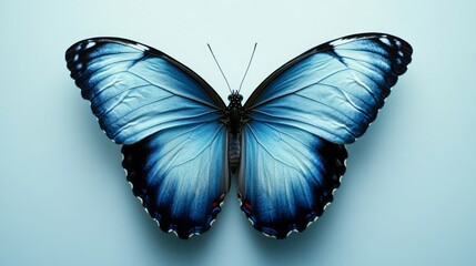 Fototapeta premium A blue butterfly with panoramic view is isolated on a white background