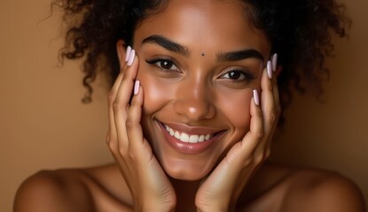 Young Indian woman with glowing healthy skin holds hands on face in contemplative pose, showcasing natural beauty and radiant complexion with soft lighting and neutral background