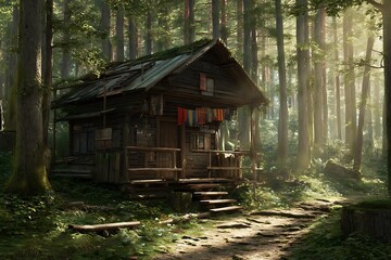 Cabin nestled in a lush forest