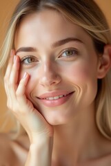 Young woman with glowing healthy skin holds hands on face in contemplative pose, showcasing natural beauty and radiant complexion with soft lighting and neutral background