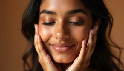 Young Indian woman with glowing healthy skin holds hands on face in contemplative pose, showcasing natural beauty and radiant complexion with soft lighting and neutral background