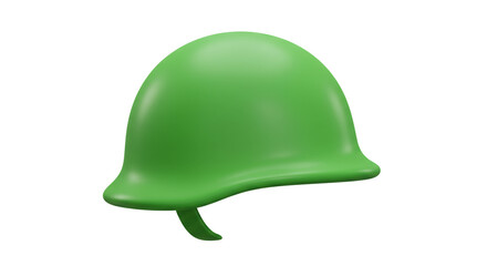 Fototapeta premium A green military helmet on a white background with a smooth surface and a chinstrap visible below