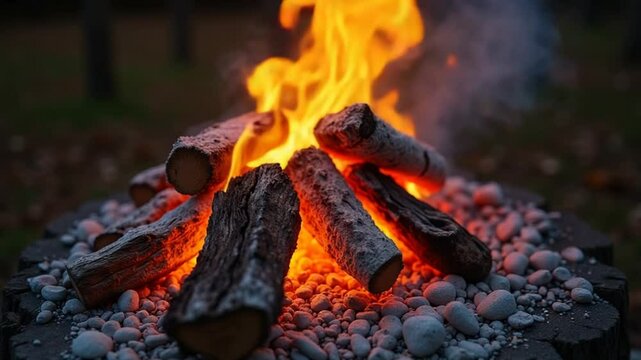 Oak wood fire in a Barbecue in ash and smoke
