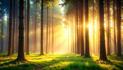 Fototapeta premium Serene Sunlight Filtering Through Tall Trees in a Lush Green Forest at Dawn