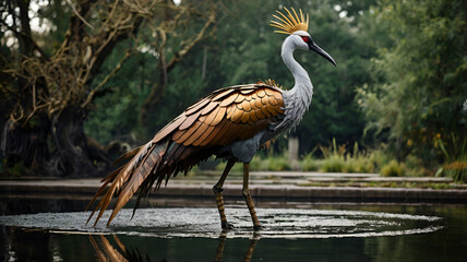  A stylized wattled crane rendered in traditional African tribal motifs and earthy tones © Rezaul