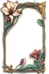 A premium 3D golden Art Nouveau rectangular frame featuring intricate lilies and roses floral carvings on a white background. Ideal for luxury, royal invitations, greeting cards