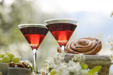 cocktails in the garden on a flower table
