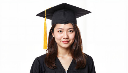 Graduation portrait of an Asian girl wearing a cap and gown, achievement