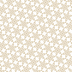 Abstract golden seamless pattern in oriental style. Vector floral geometric ornament. Gold ornamental texture with small stars, flowers, diamonds, diagonal lattice. Luxury background. Repeated design