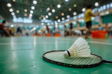 A badminton racket and shuttlecock on the ground in front of people playing, wide angle, indoor sports hall background