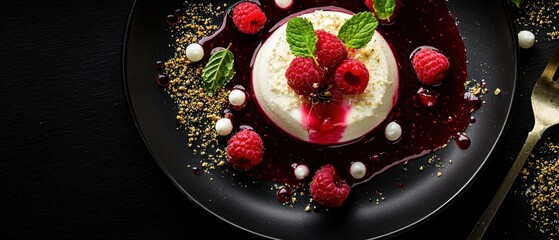 Gourmet dessert showcasing creamy white panna cotta on matte black plate in winter