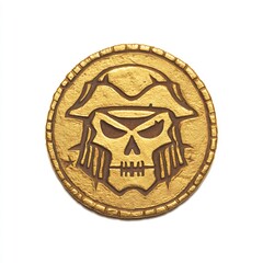 Pirate gold doubloon with sinister face on white background