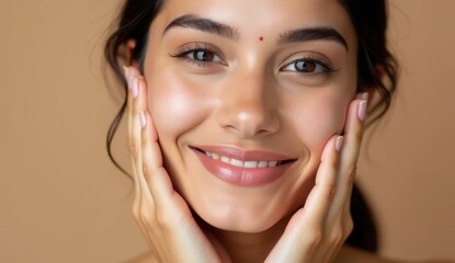 Young woman with glowing healthy skin holds hands on face in contemplative pose, showcasing natural beauty and radiant complexion with soft lighting and neutral background