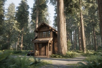 Secluded cabin embraced by forest giants
