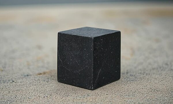A smooth black cube on a textured surface, showcasing its sleek design in a minimalist setting