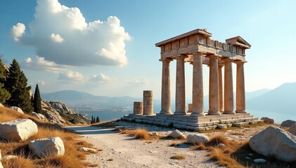 Ancient Greek temple ruins, sun-drenched stone, classical, aged