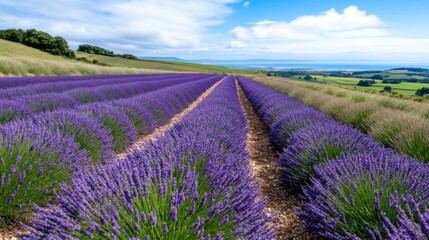 Naklejka premium Rows of vibrant lavender bloom across undulating hills, creating a stunning contrast against a bright blue sky filled with fluffy clouds. This serene landscape showcases nature's beauty