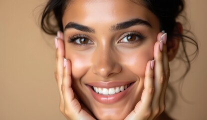 Young woman with glowing healthy skin holds hands on face in contemplative pose, showcasing natural beauty and radiant complexion with soft lighting and neutral background
