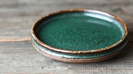 A small green ceramic plate with a brown rim sits on a wooden surface.