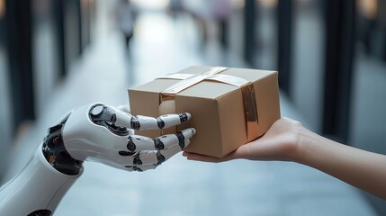 Robot arm handing a cardboard box with ribbon to a human hand in a blurred background
