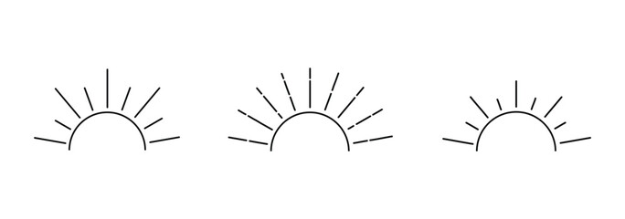 Minimalist black line icon of sun rising or sunset setting over ocean waves, isolated on white background, symbol of travel, peace and nature. Daylight business concept. Sun icon in flat style. 