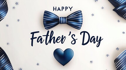 Father's Day Minimalist Graphic Design, White Background with Scattered Star Shapes, Blue White Striped Bow Tie and Layered Text, 3D Heart Decoration, Side Striped Ties, Holiday Card Template