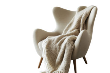 Captivating Cozy Chair draped with a Woven Throw blanket offers a sense of comfort and on transparent background