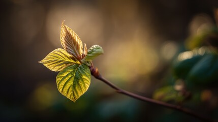 New spring leaves growing on branch in sunlight