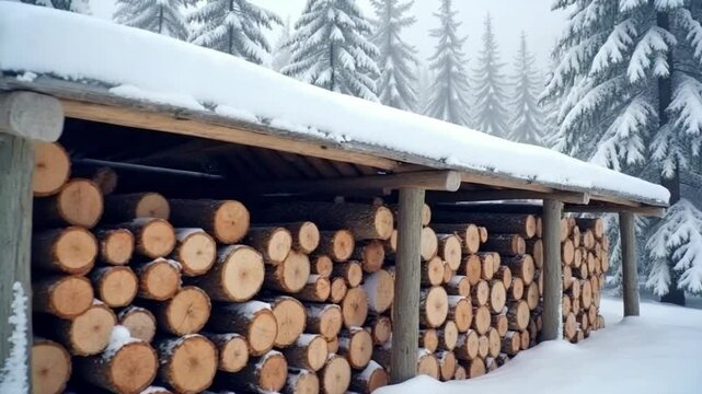 Storage of wooden logs covered in snow